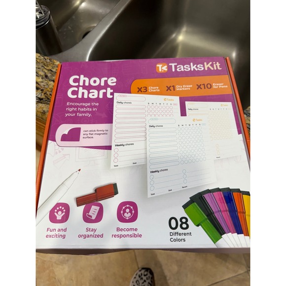 TasksKit Other - TasksKit Magnetic Chore Chart Set 3 Charts 8 Dry Erase Markers 10 Erasers Purple